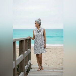 Match Point 100% Linen Grey Zebra Print Lagenlook Bohemian Tunic Mini Dress